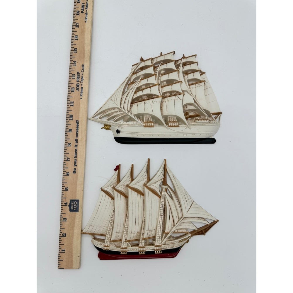 Vintage Sailing Ship Wall Decor Nautical 3D Relief Plaques Cream White Set of 2